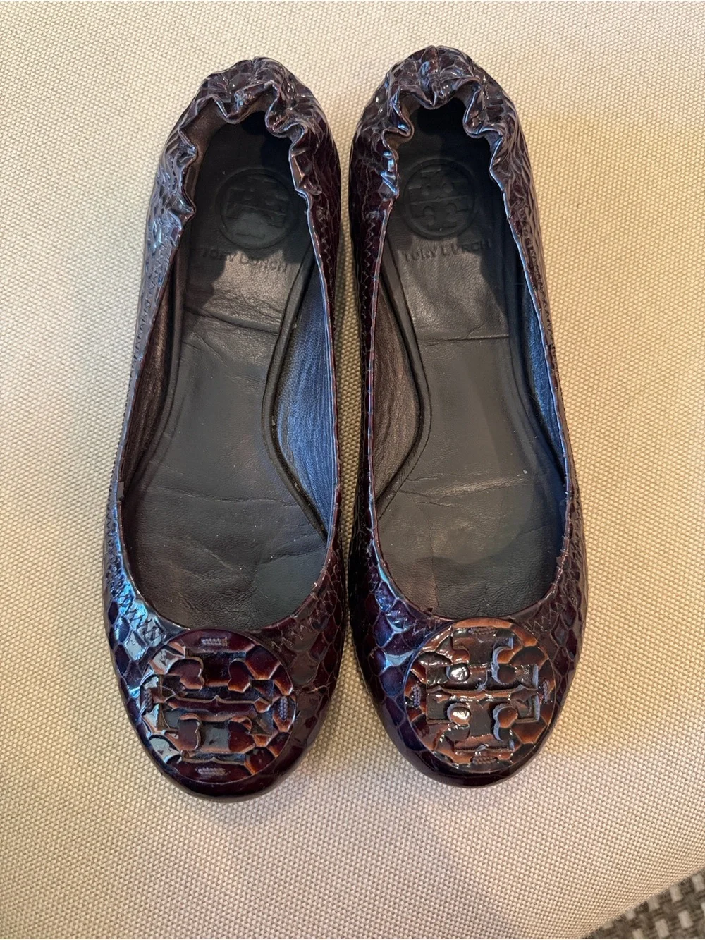 Tory Burch Chocolate Brown Snakeskin embossed Logo Ballet Flats
